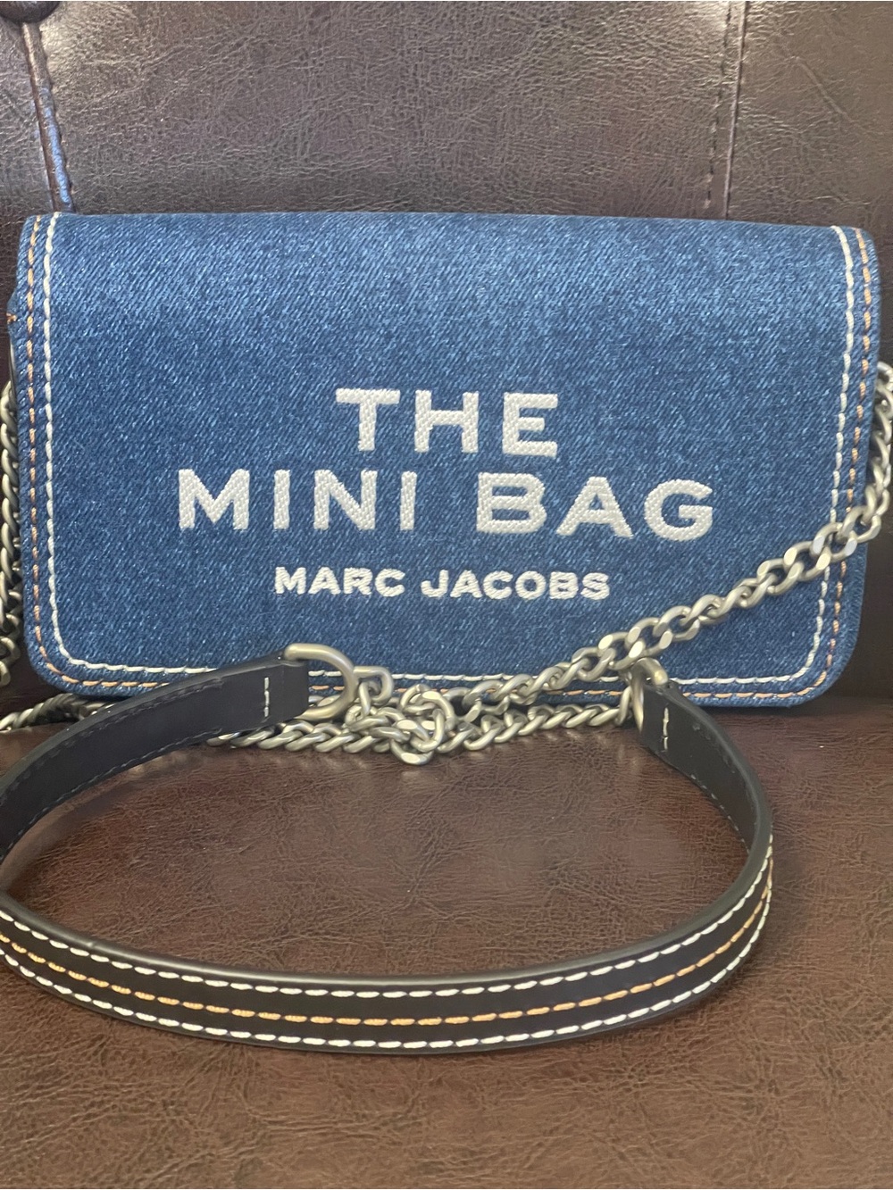 Marc Jacobs Denim Mini Crossbody in Deep Blue with White Stitching